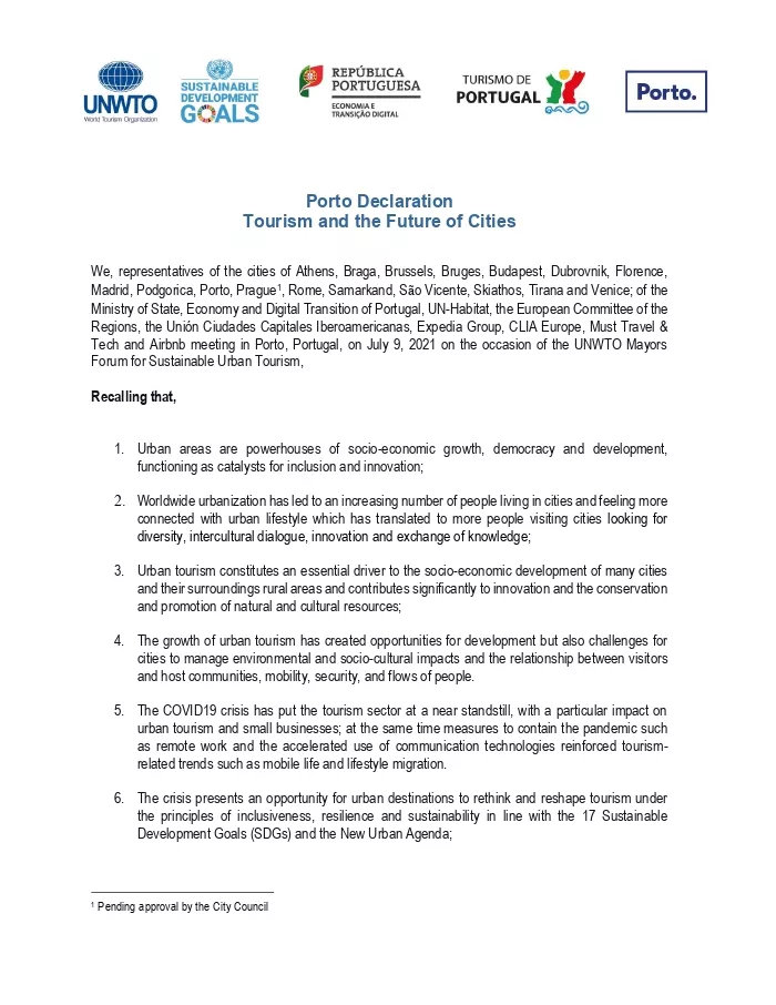 Porto Declaration Tourism and the Future of Cities
