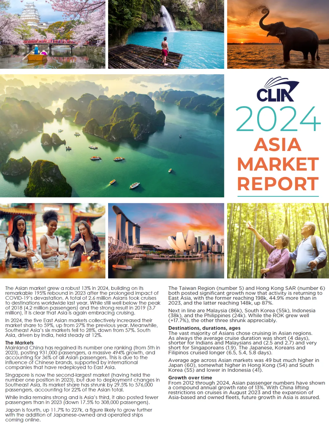 2024 Asia Source Market Report {Image shows the cover of the report, featuring Asian destinations and smiling cruise guests]