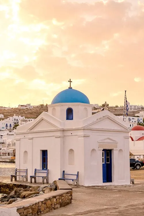 Blue-domed church in Mykonos, Greece
