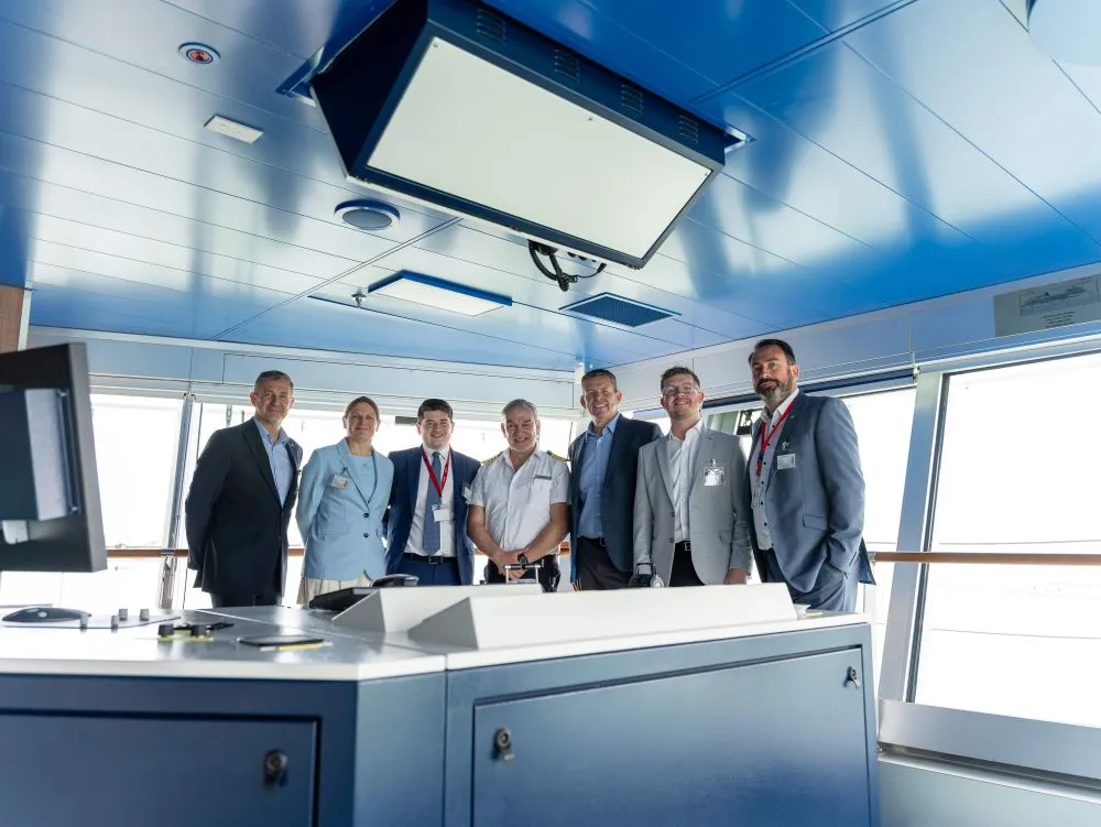 Welsh First Minister on the bridge of a cruise ship